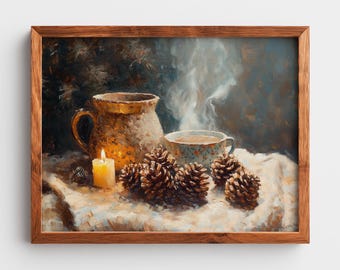 Cozy Cocoa Still Life Art Print: Rustic Winter Cottagecore (Digital Download)