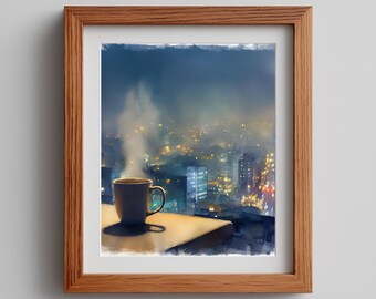 Winter Night Cityscape Watercolor Art Print: Cozy Coffee Mug (Digital Download)