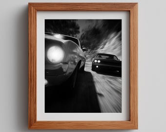 Muscle Car Race Print: Retro Black and White Sketch (Digital Download)