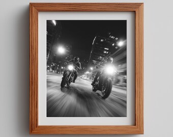 Motorcycle Racing Print: 80s Comic Style Black & White Cityscape (Digital Download)