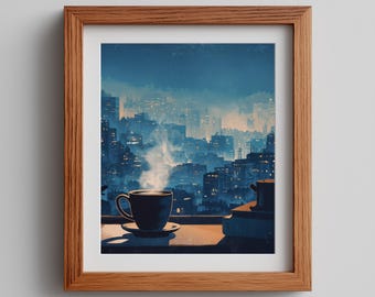 Winter Mug Print: Cozy Cocoa, Snowy Alpine Village (Digital Download)
