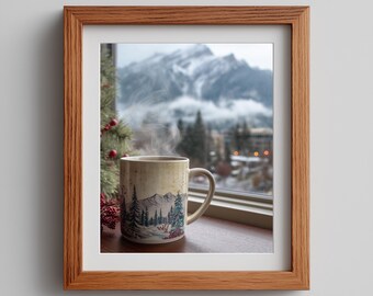 Winter Coffee Mug Watercolor Art Print: Snowy Cottagecore Decor (Digital Download)