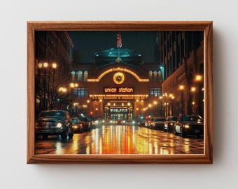 Moody Urban Nightscape Union Station - Cinematic City Photography, Neon Glow, Printable Wall Art, Rainy Night Scene, Instant Download 409