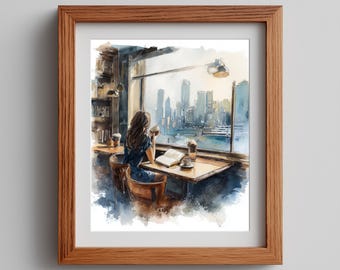 City Skyline Watercolor Art: Woman in Cafe Printable (Digital Download)