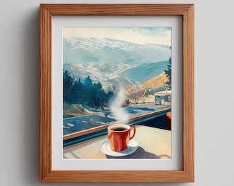 Vintage Mountain Watercolor Art Print: Train Window View (Digital Download)