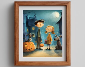 Halloween Kids Art Print: Spooky-Cute Trick or Treat Scene (Digital Download)