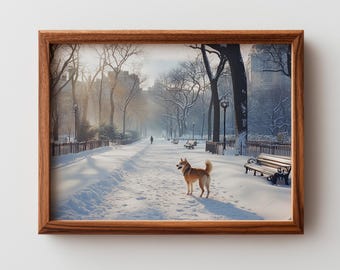 Cozy Shiba Inu in Winter Park - Fine Art Photography, Dog Play in Snow, Moody Serene Scene, Winter Decor, Soft Morning Light 416