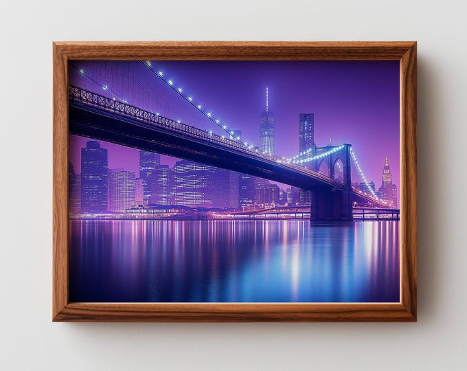 Featured listing image: Modern Brooklyn Bridge Night Scene - Vibrant Urban Cityscape, Moody Long-Exposure Photography, Silky Reflections, Printable Wall Art 418