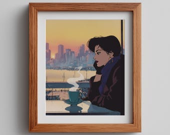 80s Retro Woman with Coffee Print: Minimalist Winter Cityscape (Digital Download)