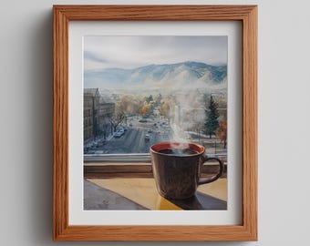 Winter Morning Mug Watercolor Art Print: Snowy Farmhouse (Digital Download)