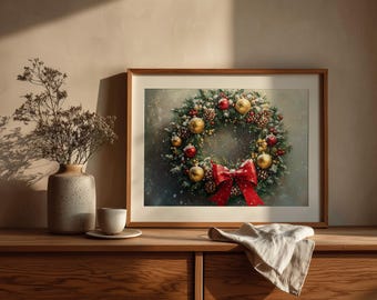 Christmas Wreath Oil Painting: Vintage Holiday Art (Digital Download)