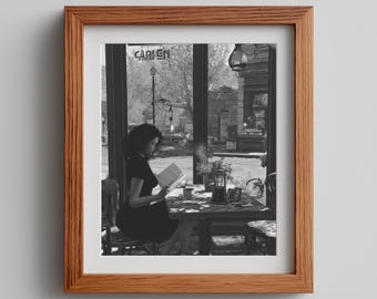 Black and White Bistro Scene Print: Vintage Coffee Shop Wall Art (Digital Download)