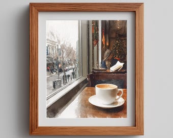 Watercolor Coffee Cup Art Print: Cozy Cafe Scene (Digital Download)