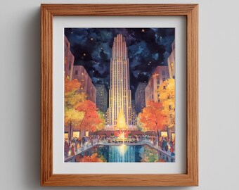 Art Deco Skyscraper Autumn Twilight Watercolor Print (Digital Download)