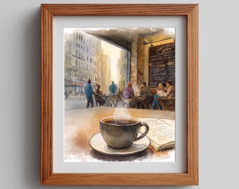 Vintage Cafe Watercolor Art: Moody Coffee Cup Painting (Digital Download)