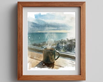 Winter Mug Watercolor Art Print: Hygge Snowy Scene (Digital Download)