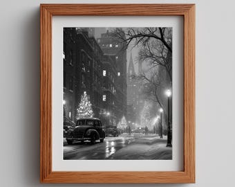 Christmas Tree City Street Photography Print: Vintage Black and White (Digital Download)
