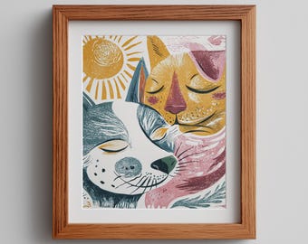 Playful Cat & Dog Print: Boho Mid-Century Modern Wall Art (Digital Download)