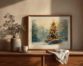 Christmas Tree Watercolor Print: Snowy Winter Forest (Digital Download)