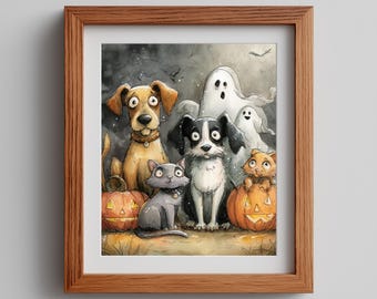 Halloween Pet Print: Watercolor Dogs, Cats, Ghosts (Digital Download)
