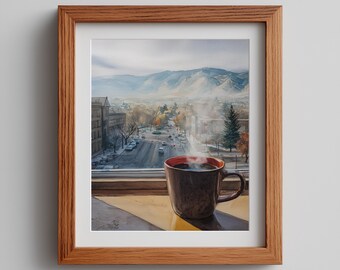 Winter Morning Mug Watercolor Print: Snowy Landscape Art (Digital Download)