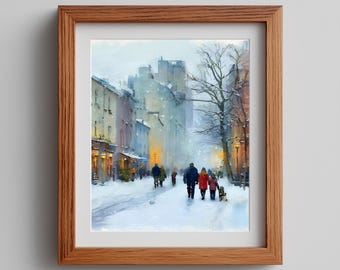 Winter Family Stroll Watercolor Print: Snowy Street Scene (Digital Download)