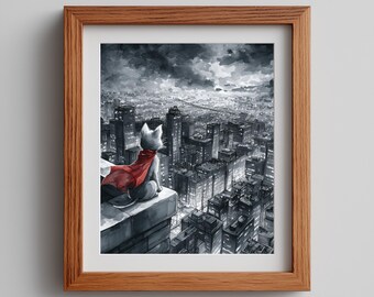 Urban Superhero Cat Print: Moody Cityscape Art (Digital Download)