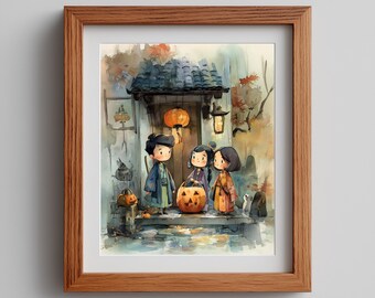 Spooky Kids Halloween Art: Asian Watercolor Print (Digital Download)