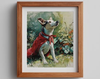 Watercolor Dog Print: Vintage Puppy in Red Cape (Digital Download)