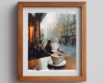 Cozy Coffee Shop Watercolor Painting: Parisian Bistro Scene (Digital Download)