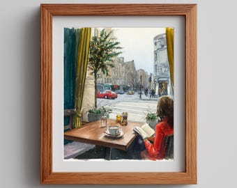 Cozy Cafe Watercolor Print - Autumn Urban Scene (Digital Print)