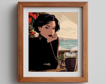 80s Pop Art Woman with Coffee Illustration - Retro Wall Art (Digital Download)