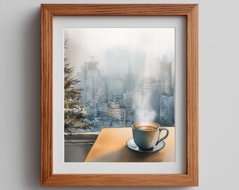 Winter Mug Watercolor Painting: Snowy Cityscape Art (Digital Download)