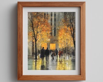 Autumn Cityscape Art Print: Golden Foliage, Family Stroll (Digital Download)