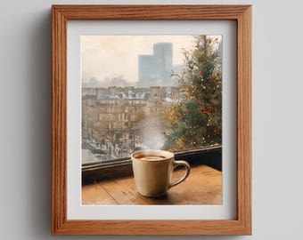 Winter Coffee Watercolor Art Print: Cozy Holiday Scene (Digital Download)