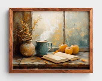 Cozy Coffee and Book Autumn Painting: Rustic Fall Decor (Digital Download)