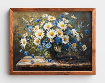 Wildflower Bouquet Print: Rustic Daisies, Cornflowers, Farmhouse Decor (Digital Download)