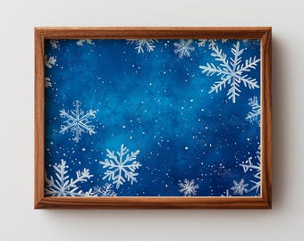 Winter Snowflake Printable - Cozy Modern Watercolor Art with Minimalist Design, Festive Blue Night Sky, Delicate Seasonal Decor 413