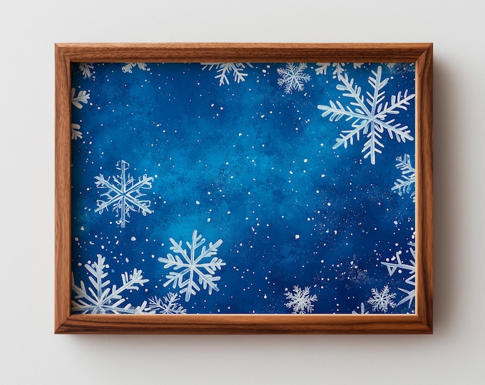 Featured listing image: Winter Snowflake Printable - Cozy Modern Watercolor Art with Minimalist Design, Festive Blue Night Sky, Delicate Seasonal Decor 413