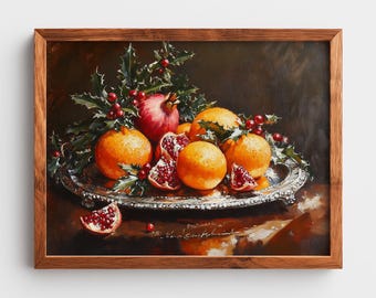 Oranges and Pomegranates Painting: Rustic Holiday Wall Art (Digital Download)