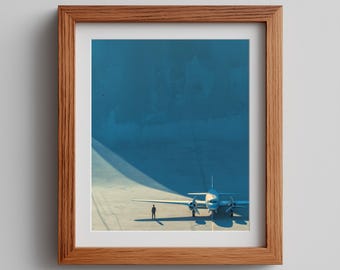 Vintage Airplane Print: Teal and Cream Geometric Art (Digital Download)