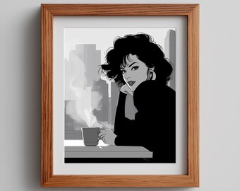 Retro 80s Woman Art Print: Moody Black and White Illustration (Digital Download)