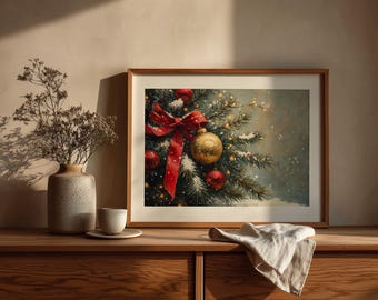 Vintage Christmas Tree Art Print: Red Bow, Holiday Ornaments (Digital Download)