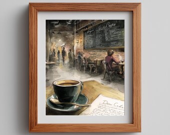 Urban Cafe Watercolor Print: Moody Coffee Shop Scene (Digital Download)