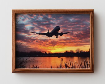 Moody Airplane Sunset Printable - Dramatic Travel-Inspired Photo Art, Fiery Oranges and Purples, Bold Scenic Decor, Digital Download 407