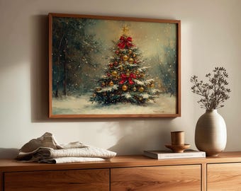 Vintage Christmas Tree Art Print: Festive Snowfall Painting (Digital Download)