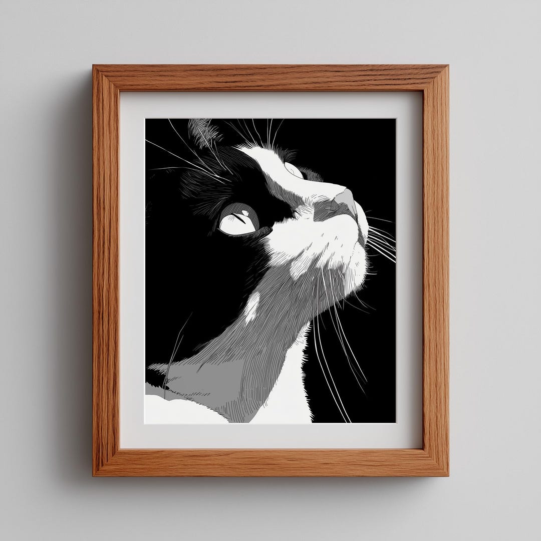 Minimalist Tuxedo Cat Art Print: Black and White Pop Art (digital ...