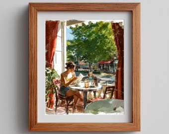 European Cafe Watercolor Art Print: Sunlit Bistro Scene (Digital Download)