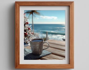 Festive Coastal Coffee Mug Print: Holiday Beach Scene (Digital Download)