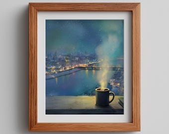 Winter Night Coffee Watercolor Print: Snowy Town (Digital Download)